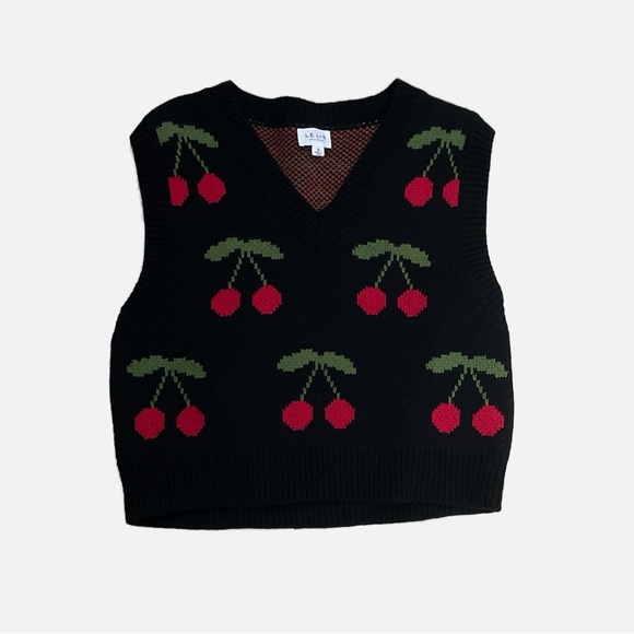 Le Lis Collection Cropped Sweater Vest Cherry Motif Black Red Small V-Neck - Picture 11 of 12